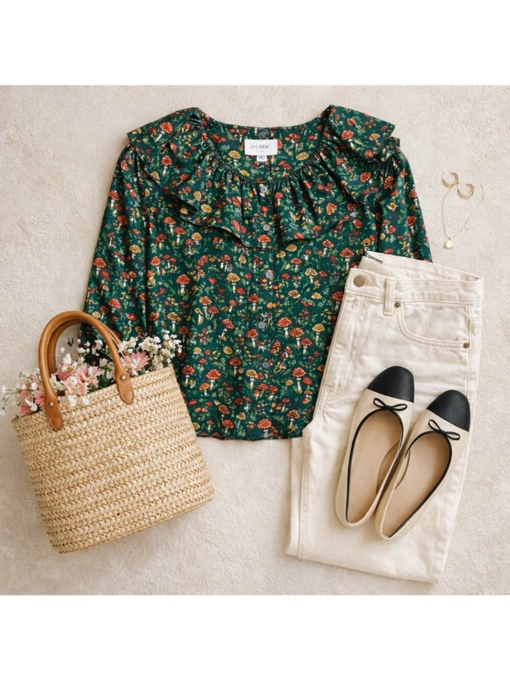 J Crew Collection NWOT Silk Mushroom Print Ruffle Blouse Green XL Cottagecore - Picture 4 of 16